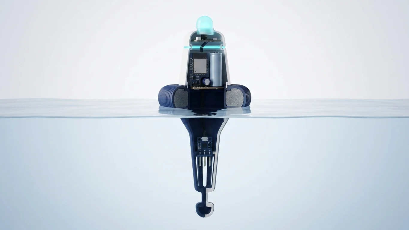 A cutaway of the monitor floating at the waterline with the front of its shell removed, revealing the sensor board under the beacon, the status ring, the radio module and lithium cell in the upper body, ballast inside the flotation collar, the chemistry board and three probes inside the slotted guard below the water, and the pressure pod at the end of the tail.