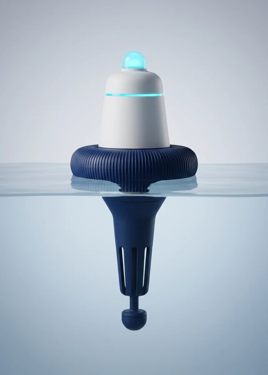 The HydroLogik monitor floating upright in dark still water: a white body with a cyan beacon and status ring, a ribbed navy flotation collar at the waterline, and a slotted sensor stem and small pressure pod below the surface.