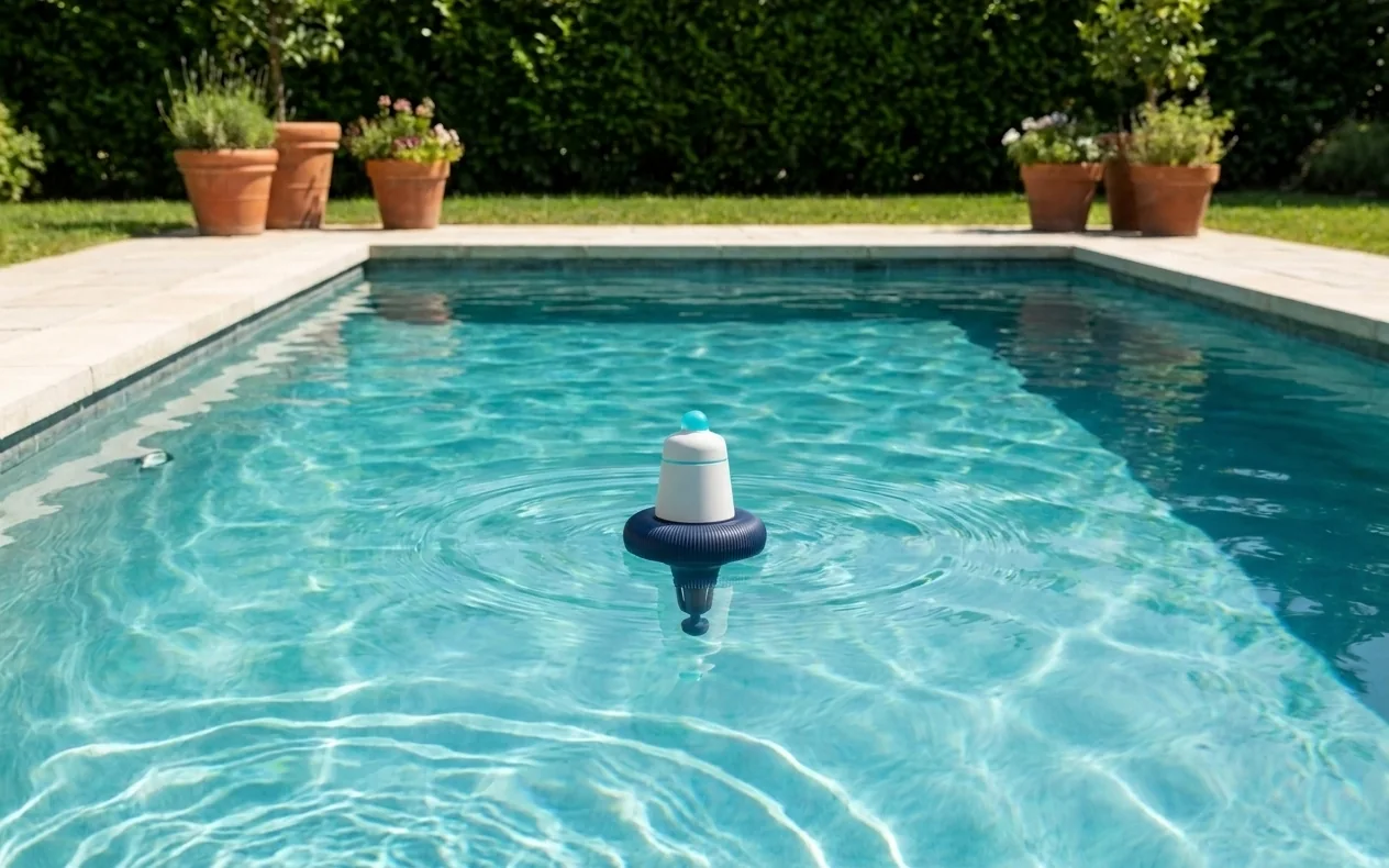 A HydroLogik monitor floating in a sunlit backyard swimming pool, its navy collar at the waterline and the sensor stem visible through the clear turquoise water, with terracotta pots and a hedge behind.