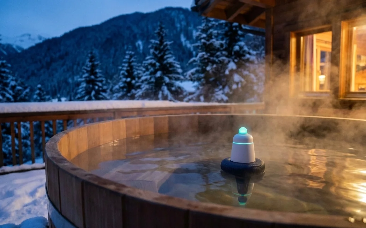 A cedar hot tub on a snow-covered mountain deck at dusk with steam rising off the water and a HydroLogik monitor floating in it, its beacon glowing cyan.